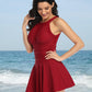 Flattering Mesh Skirt One-Piece Swimsuit with Built-in Bikini, Halter/Crew Neck