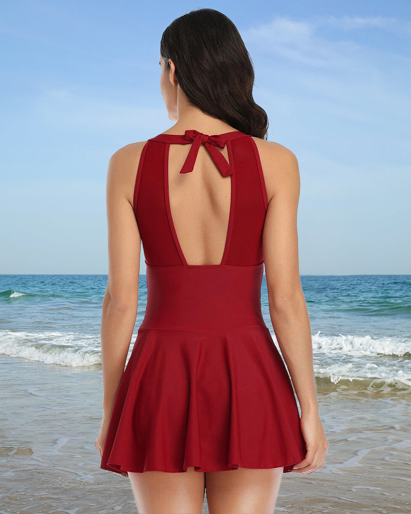 Flattering Mesh Skirt One-Piece Swimsuit with Built-in Bikini, Halter/Crew Neck