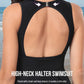 Flattering Mesh Skirt One-Piece Swimsuit with Built-in Bikini, Halter/Crew Neck