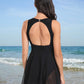 Flattering Mesh Skirt One-Piece Swimsuit with Built-in Bikini, Halter/Crew Neck