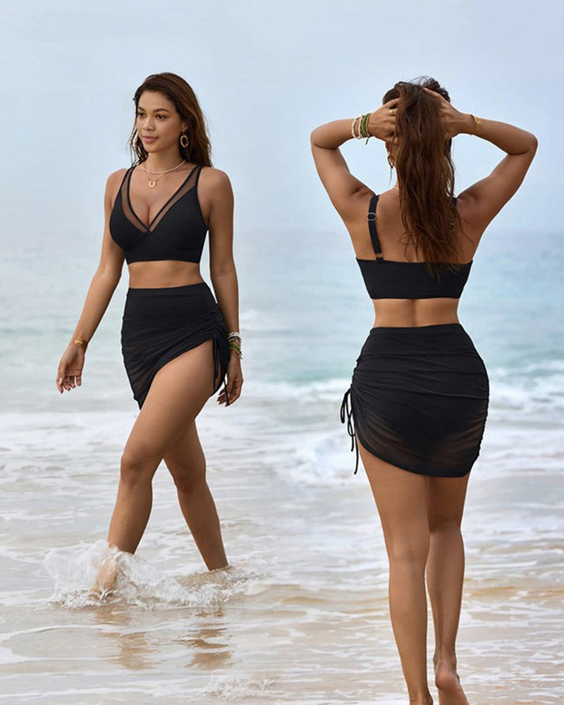 Stylish Mesh High-Waisted Tummy Control Bikini Swimsuit Set with Sarong Wrap