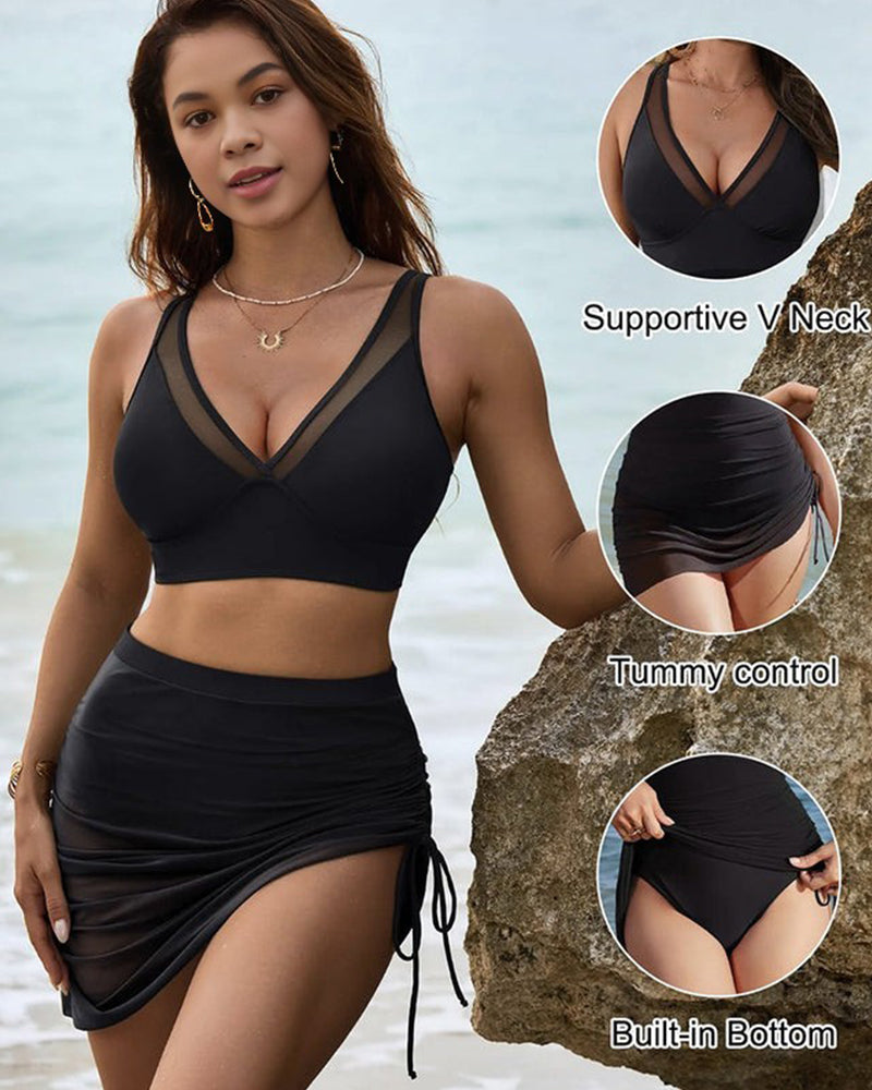 Stylish Mesh High-Waisted Tummy Control Bikini Swimsuit Set with Sarong Wrap