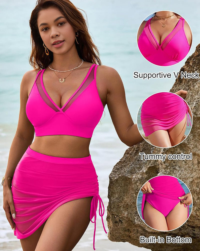Stylish Mesh High-Waisted Tummy Control Bikini Swimsuit Set with Sarong Wrap