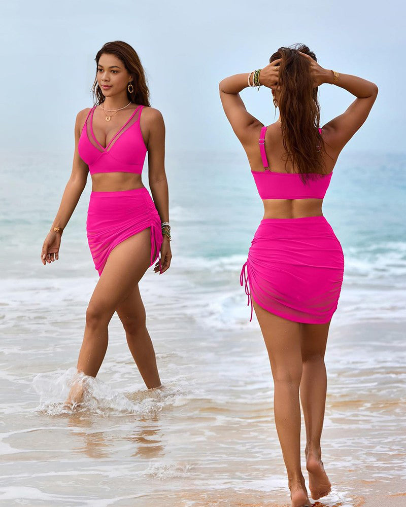 Stylish Mesh High-Waisted Tummy Control Bikini Swimsuit Set with Sarong Wrap
