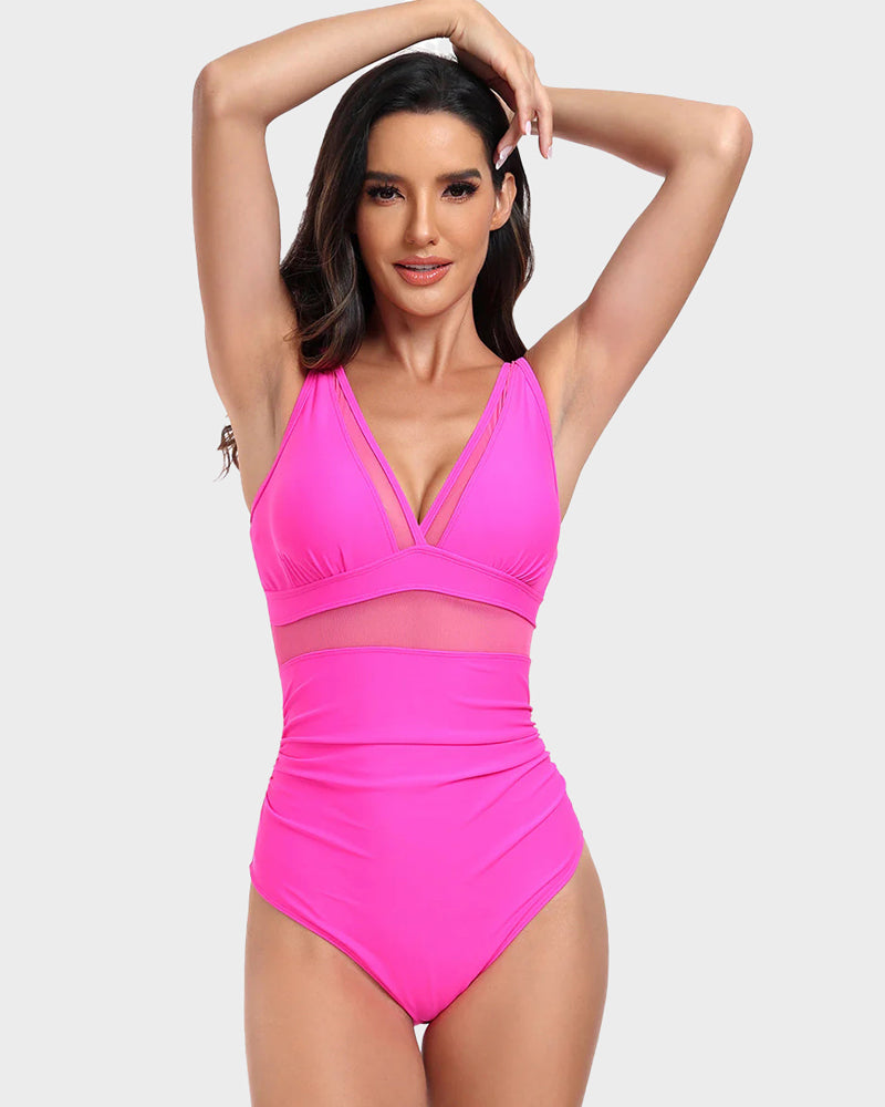 Elegant Mesh Tummy Control One-Piece Swimsuit with Deep V-Neck & Backless Design