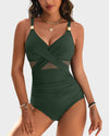 Stylish Metallic Accent Mesh Panel One-Piece Swimsuit with Tummy Control Shaping