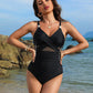 Stylish Metallic Accent Mesh Panel One-Piece Swimsuit with Tummy Control Shaping
