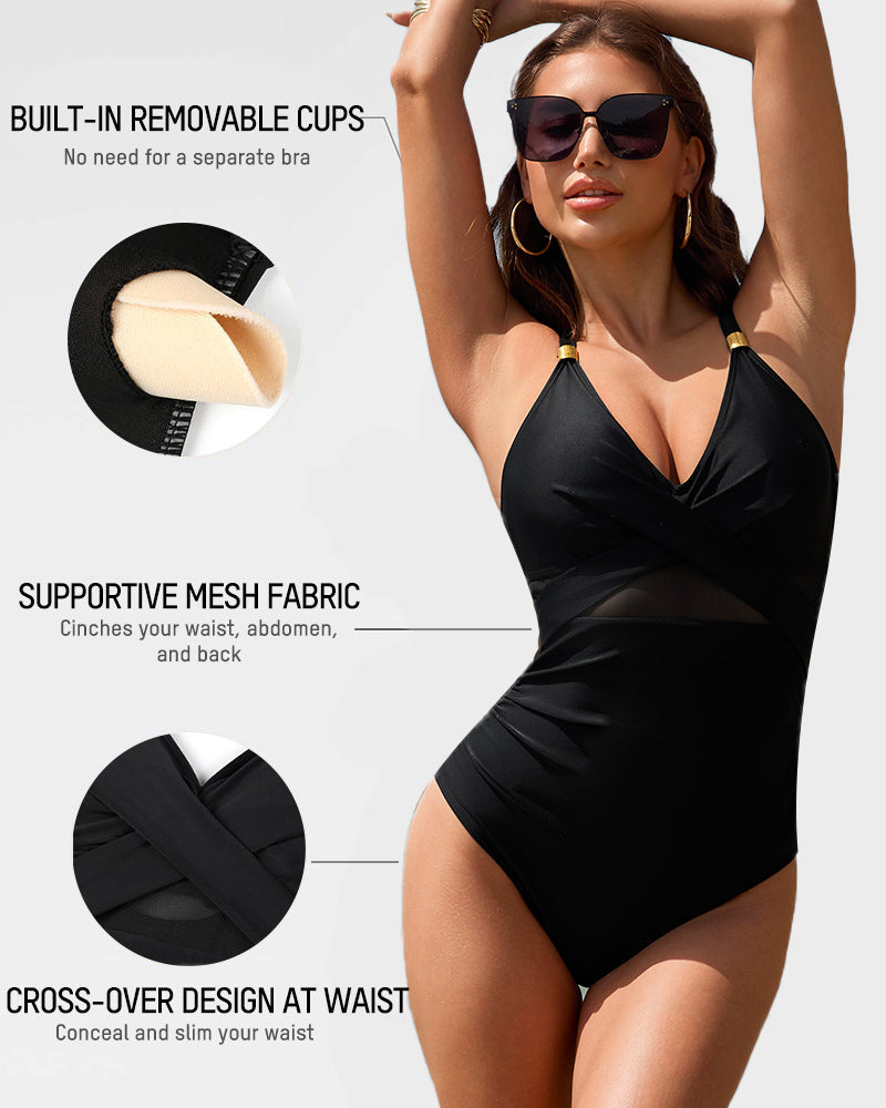 Stylish Metallic Accent Mesh Panel One-Piece Swimsuit with Tummy Control Shaping