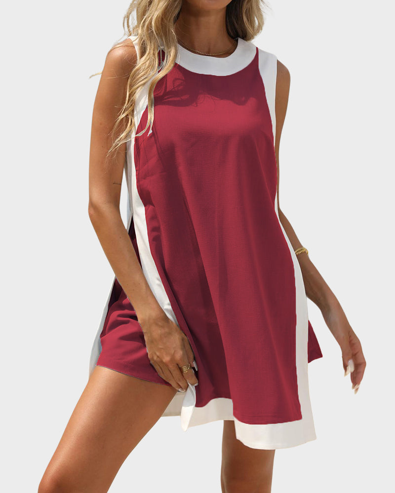 Chic Colorblock Cotton Loungewear Set with High Slit Top & Pockets