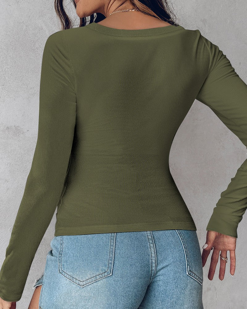 Comfortable Long Sleeve Ribbed Fitted Top with Built-In Bra for Everyday Wear