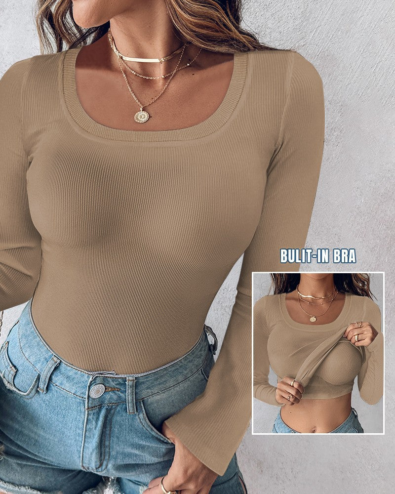 Comfortable Long Sleeve Ribbed Fitted Top with Built-In Bra for Everyday Wear