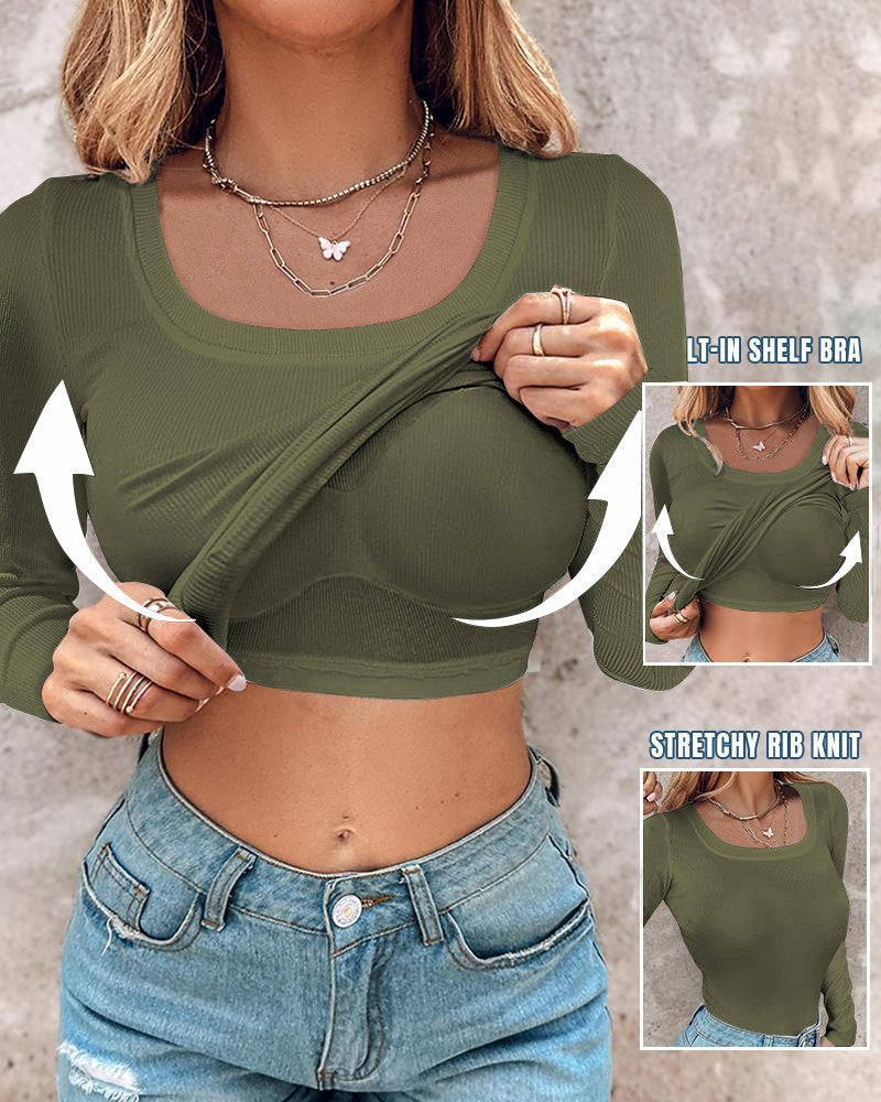 Comfortable Long Sleeve Ribbed Fitted Top with Built-In Bra for Everyday Wear