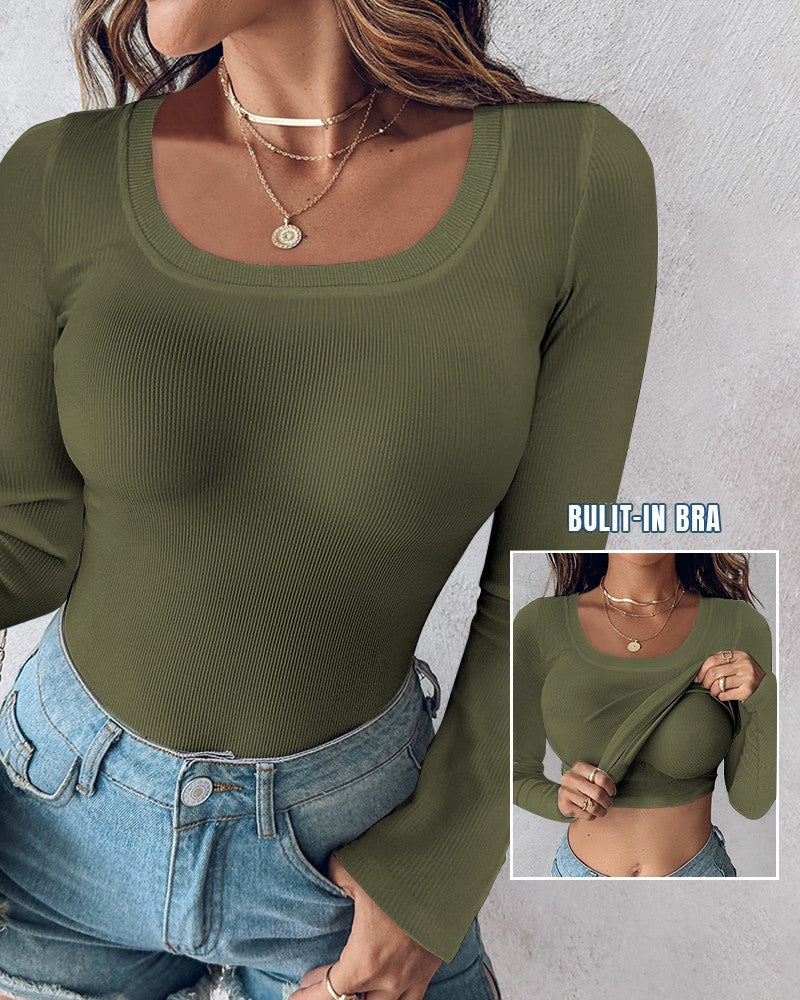 Comfortable Long Sleeve Ribbed Fitted Top with Built-In Bra for Everyday Wear