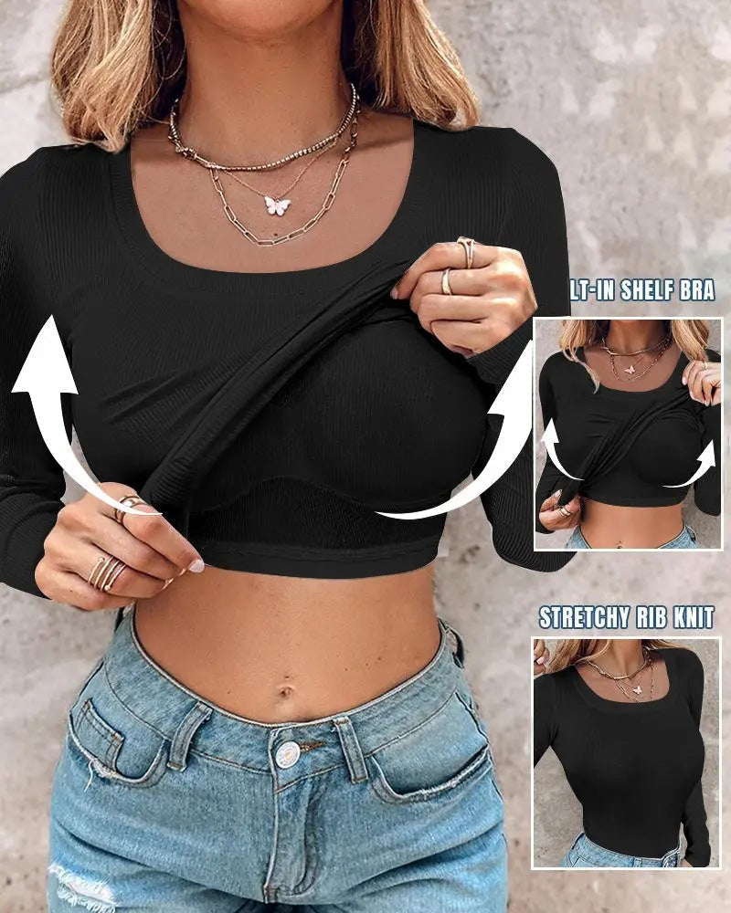Comfortable Long Sleeve Ribbed Fitted Top with Built-In Bra for Everyday Wear