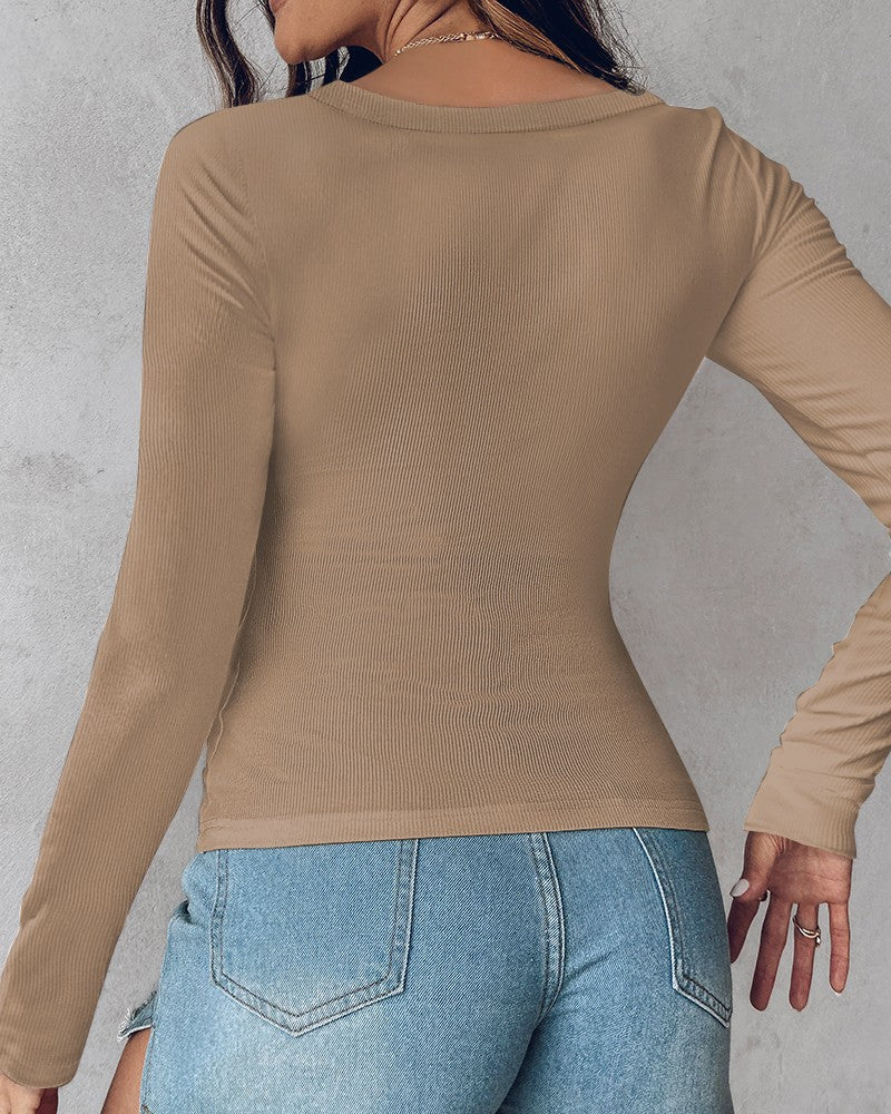 Comfortable Long Sleeve Ribbed Fitted Top with Built-In Bra for Everyday Wear
