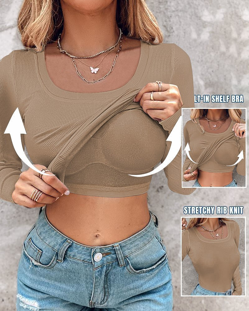 Comfortable Long Sleeve Ribbed Fitted Top with Built-In Bra for Everyday Wear
