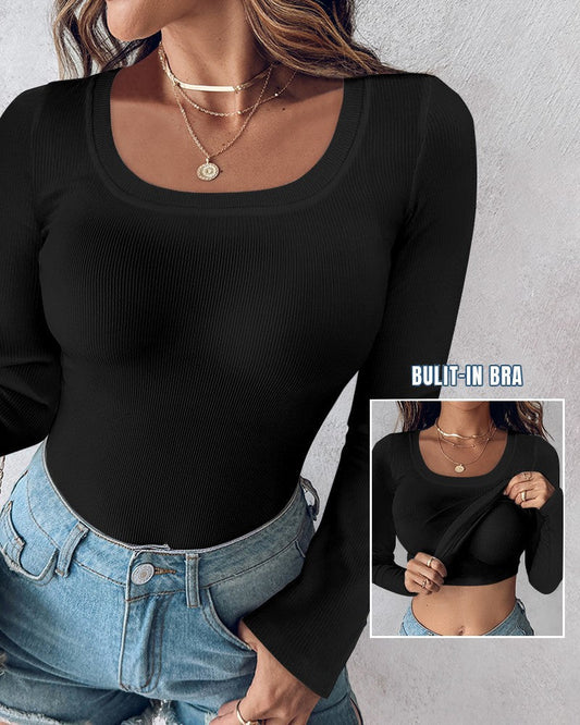Comfortable Long Sleeve Ribbed Fitted Top with Built-In Bra for Everyday Wear