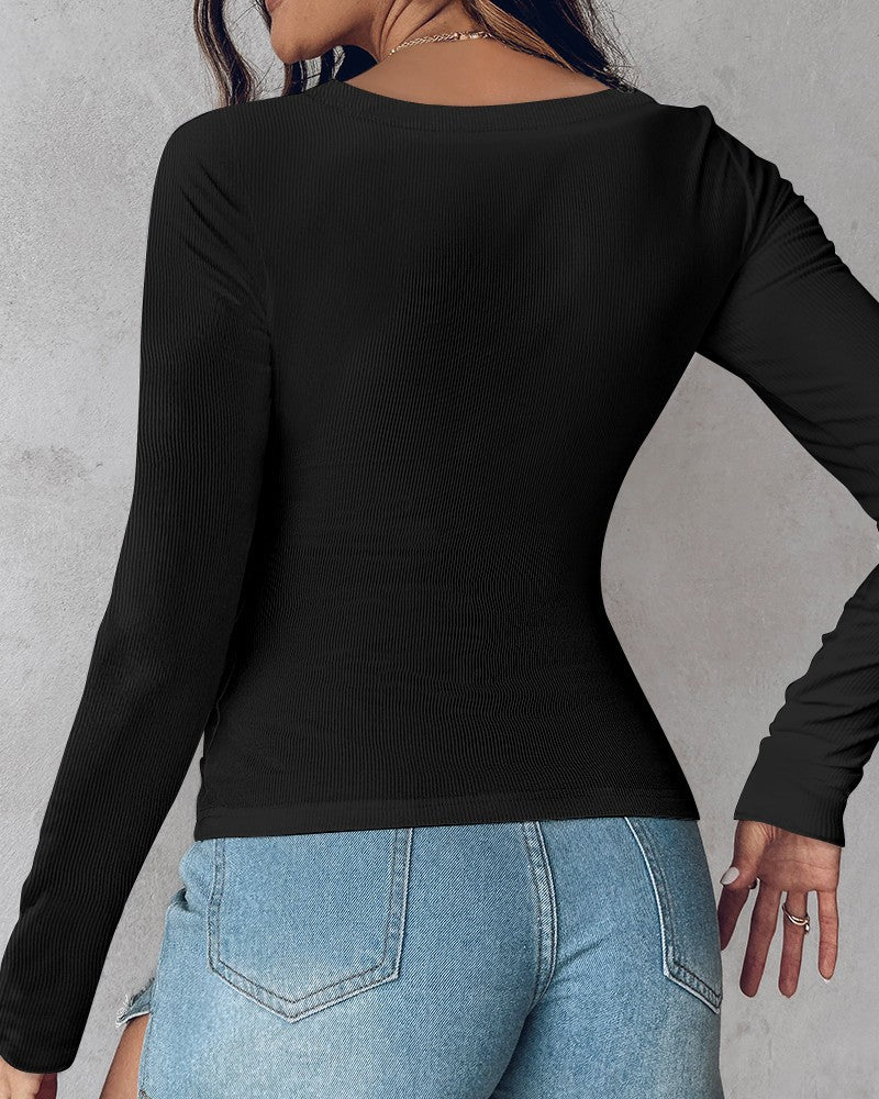 Comfortable Long Sleeve Ribbed Fitted Top with Built-In Bra for Everyday Wear