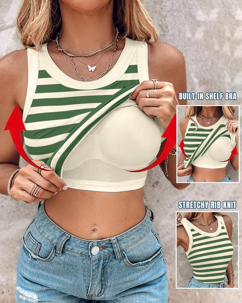 Ribbed Knit Round Neck Tank Top with Built-in Bra Pads