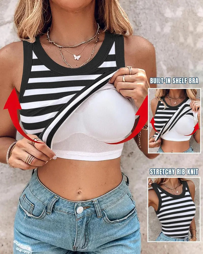 Ribbed Knit Round Neck Tank Top with Built-in Bra Pads