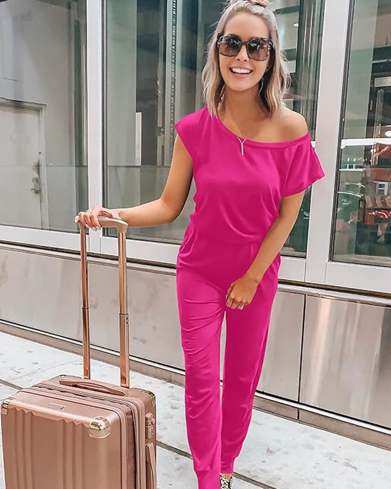 Chic Off-Shoulder Short Sleeve Jumpsuit with Beam Foot Design for Women