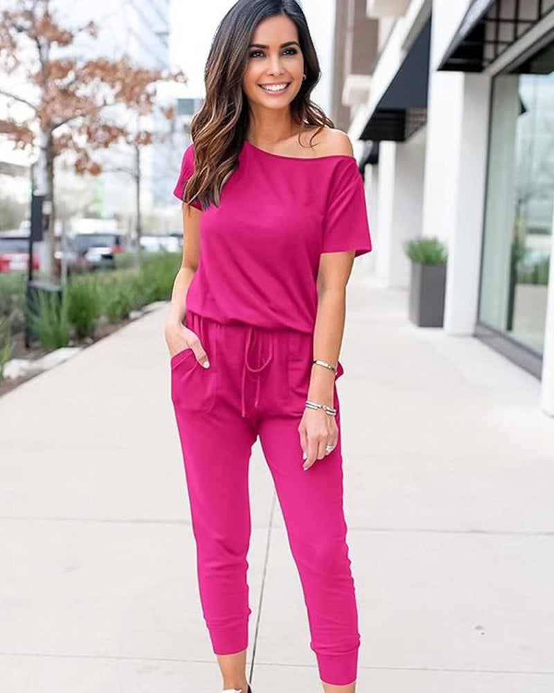 Chic Off-Shoulder Short Sleeve Jumpsuit with Beam Foot Design for Women