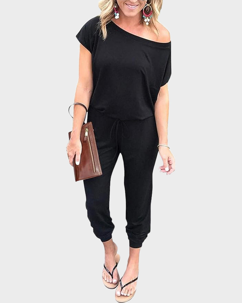 Chic Off-Shoulder Short Sleeve Jumpsuit with Beam Foot Design for Women