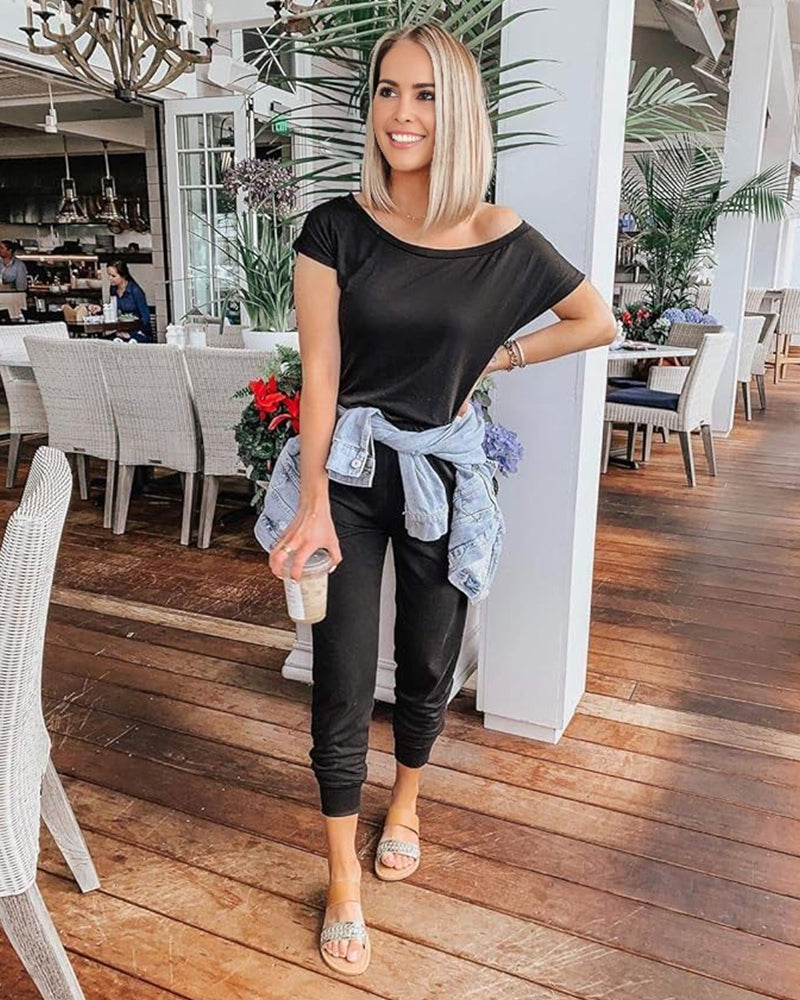 Chic Off-Shoulder Short Sleeve Jumpsuit with Beam Foot Design for Women