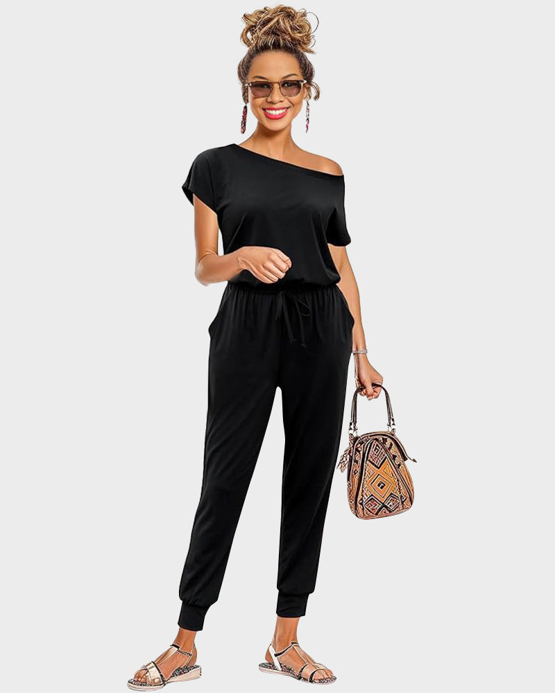 Chic Off-Shoulder Short Sleeve Jumpsuit with Beam Foot Design for Women
