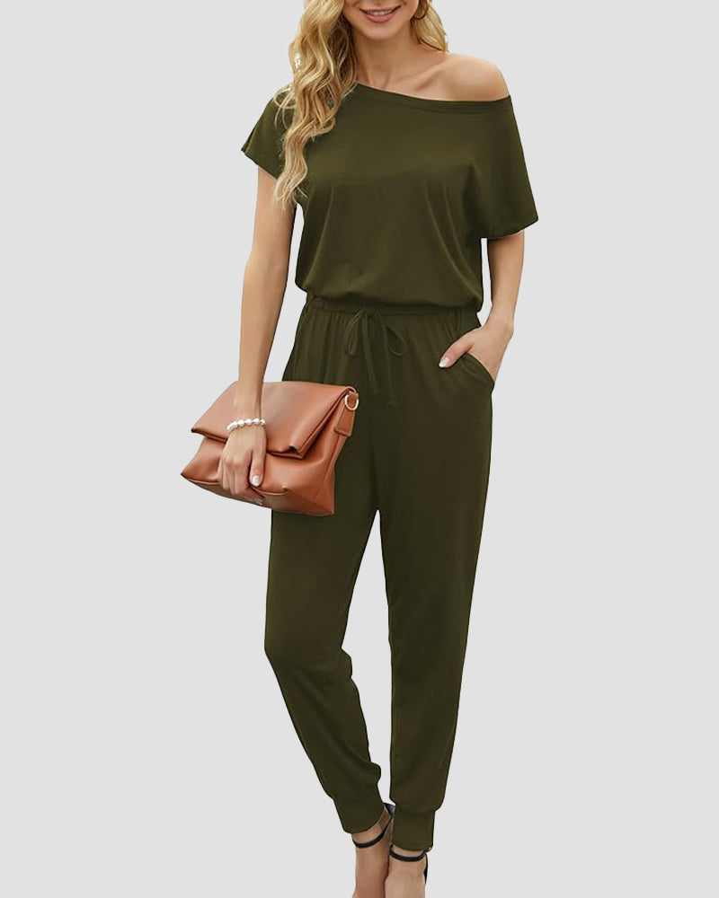 Chic Off-Shoulder Short Sleeve Jumpsuit with Beam Foot Design for Women