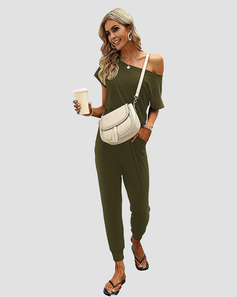 Chic Off-Shoulder Short Sleeve Jumpsuit with Beam Foot Design for Women
