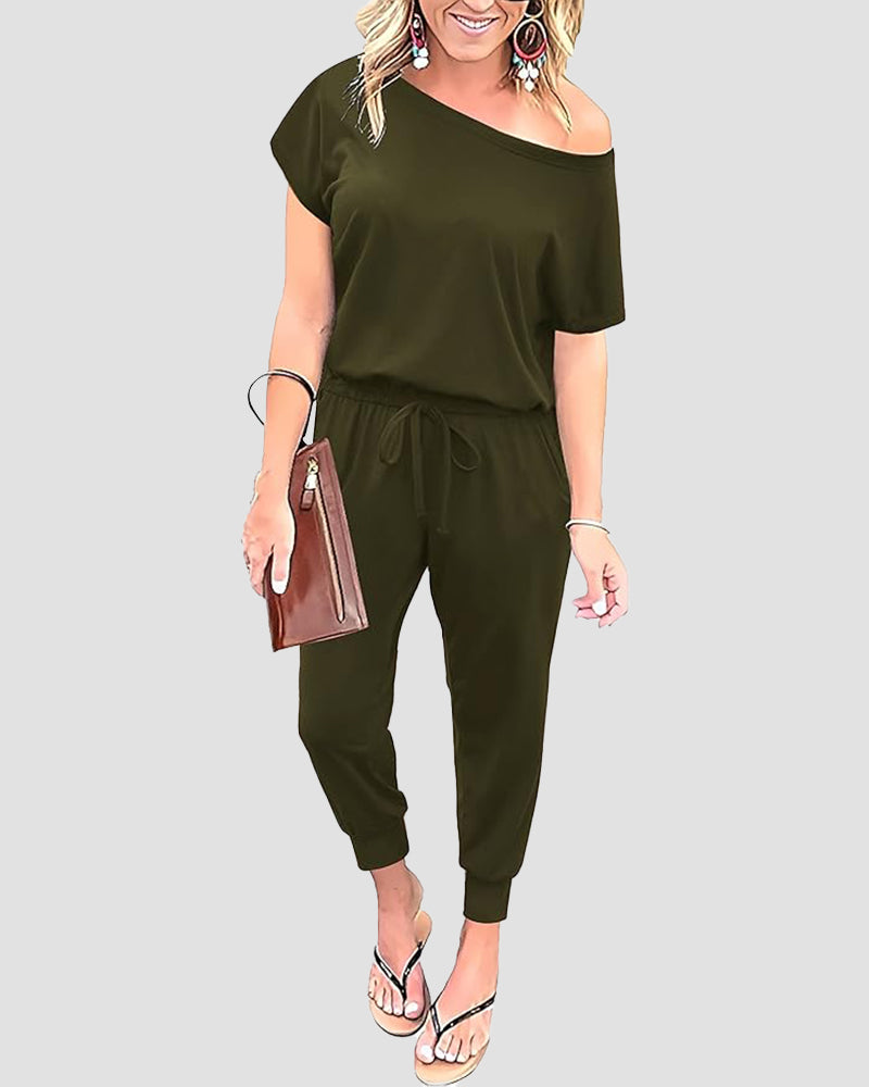 Chic Off-Shoulder Short Sleeve Jumpsuit with Beam Foot Design for Women