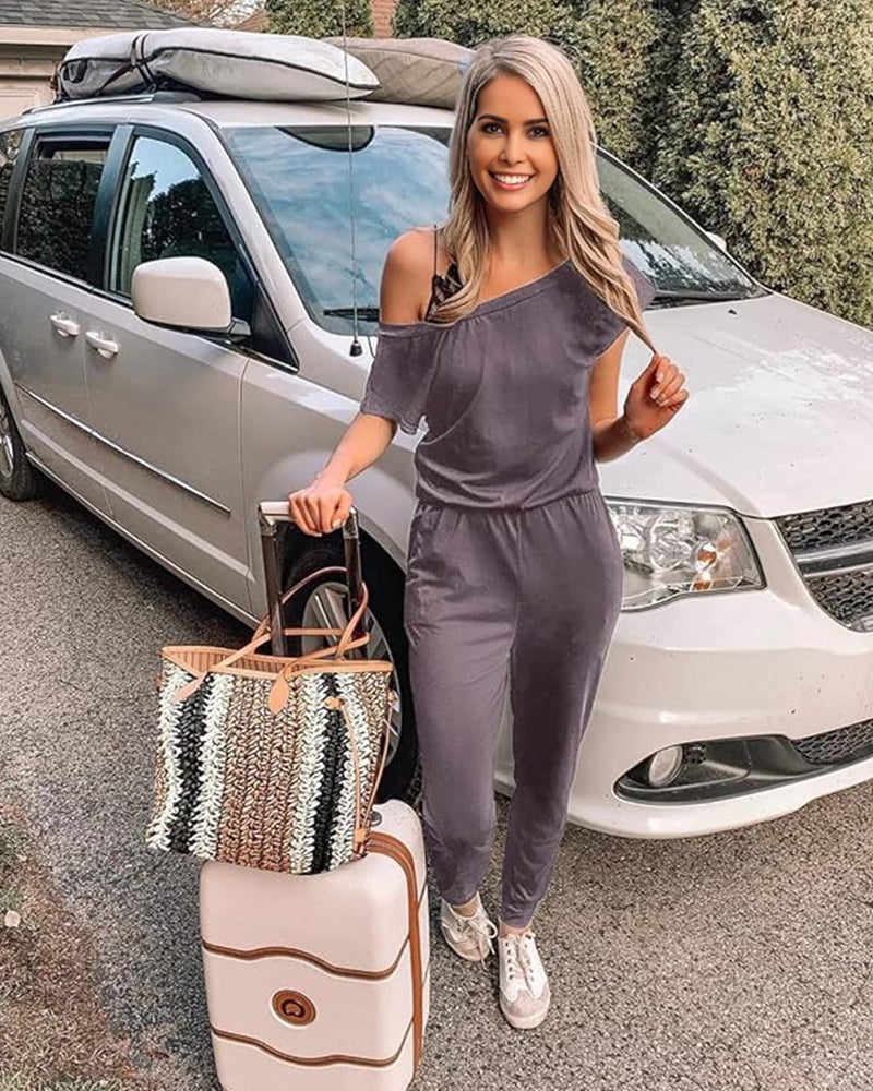 Chic Off-Shoulder Short Sleeve Jumpsuit with Beam Foot Design for Women