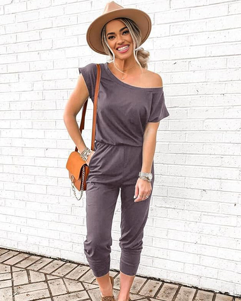 Chic Off-Shoulder Short Sleeve Jumpsuit with Beam Foot Design for Women