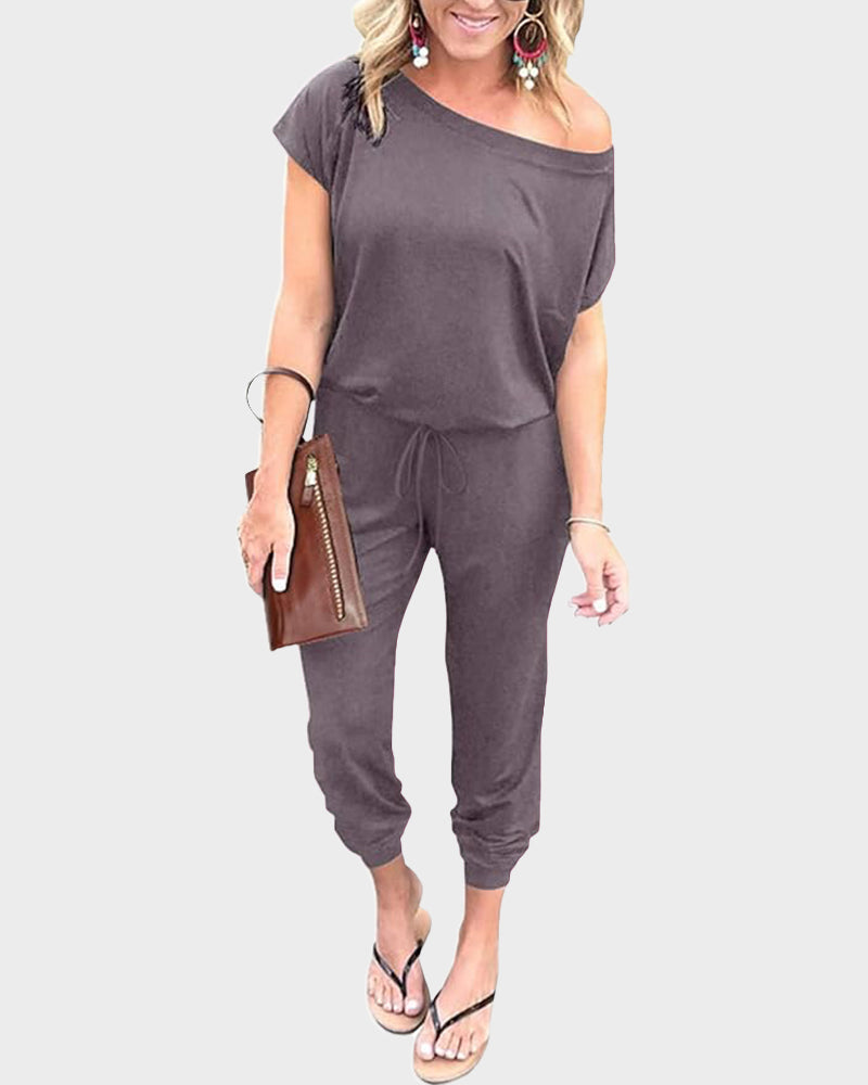 Chic Off-Shoulder Short Sleeve Jumpsuit with Beam Foot Design for Women