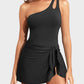 Elegant One-Shoulder Tummy Control Swim Dress with Skirted Hem & Built-in Support