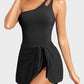 Elegant One-Shoulder Tummy Control Swim Dress with Skirted Hem & Built-in Support
