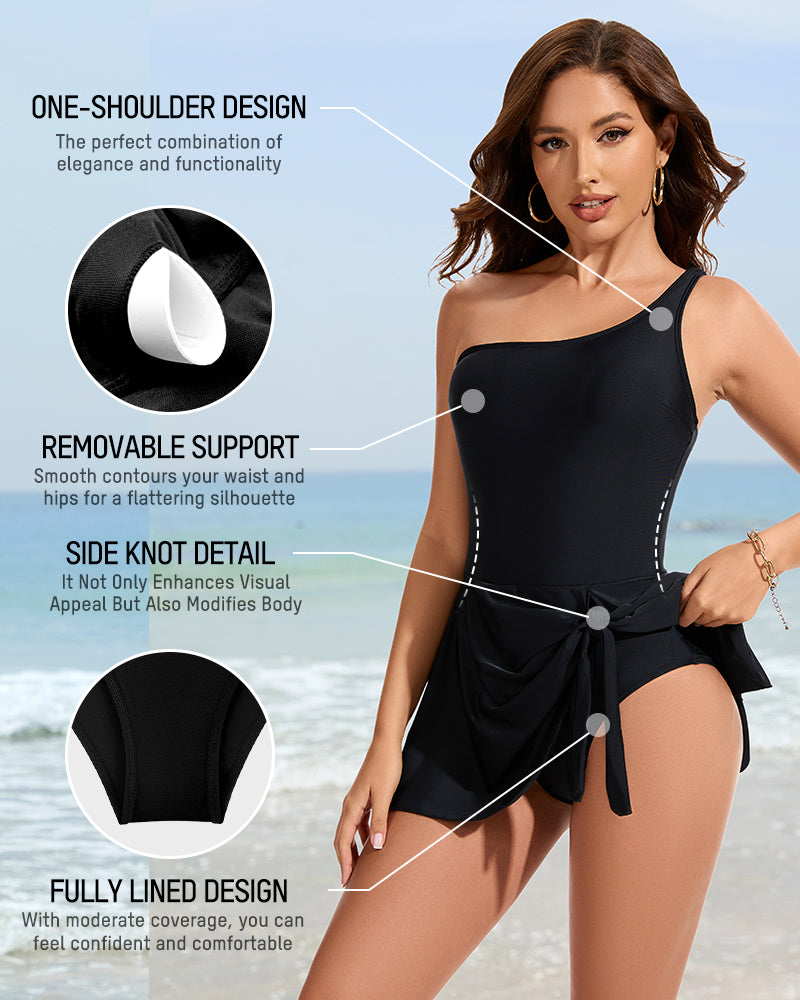 Chic One Shoulder Skirted One-Piece Swimsuit for Women - Full Coverage