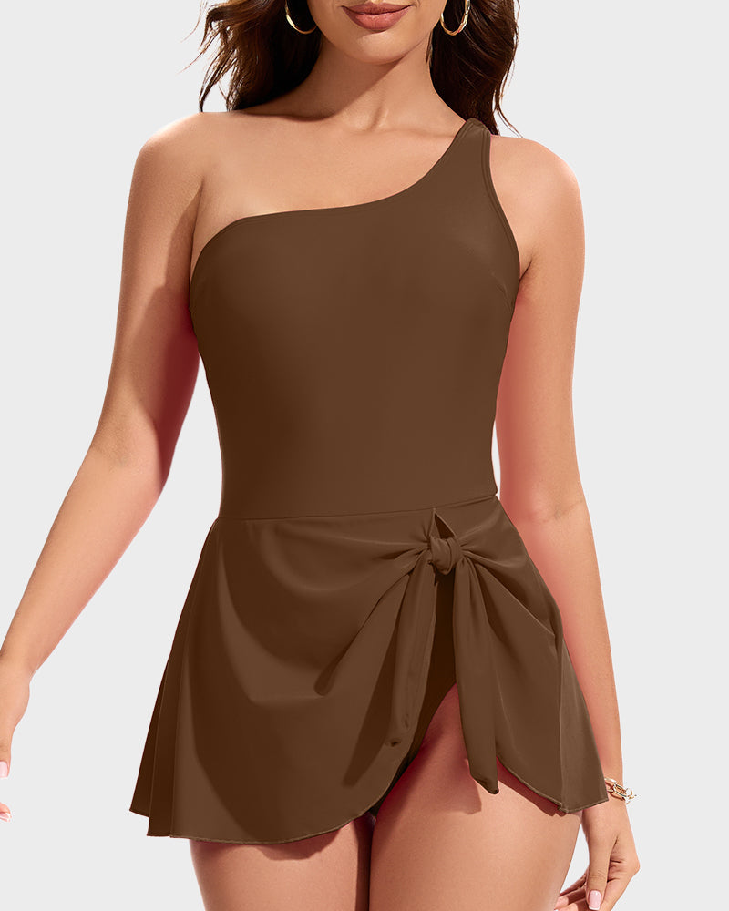 Chic One Shoulder Skirted One-Piece Swimsuit for Women - Full Coverage
