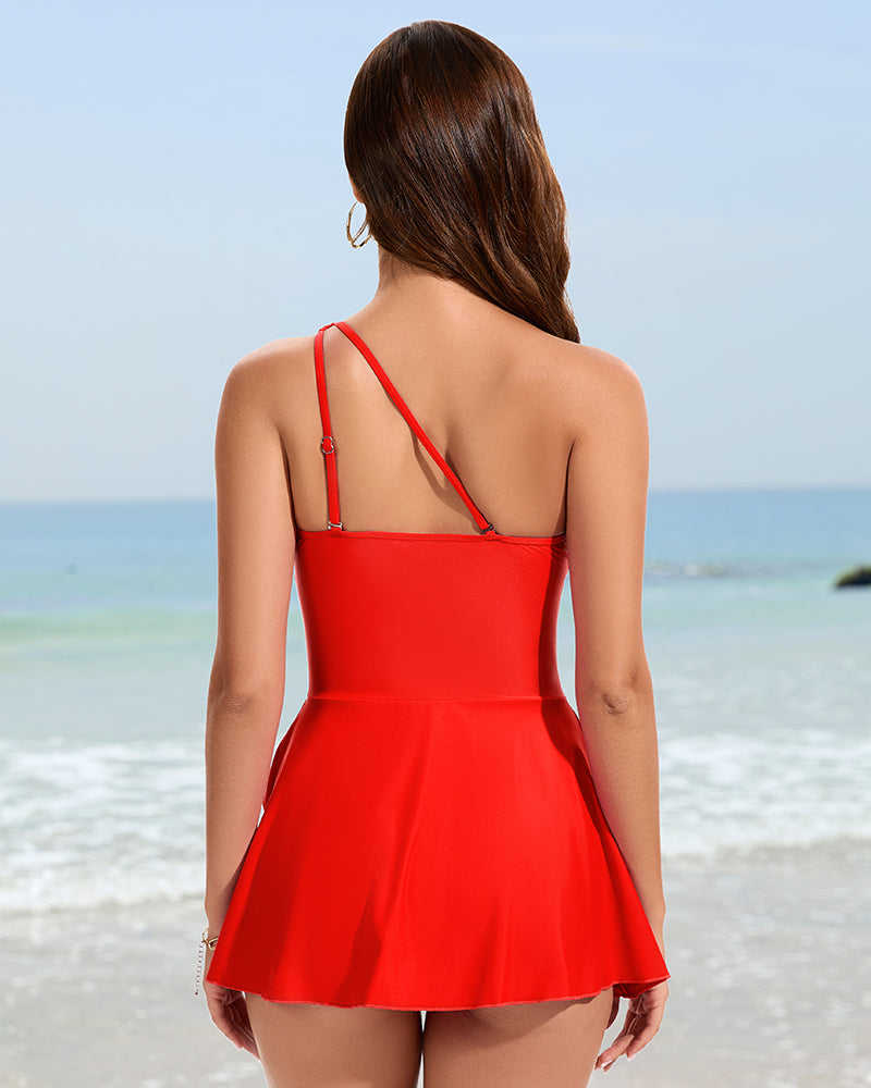 Chic One Shoulder Skirted One-Piece Swimsuit for Women - Full Coverage