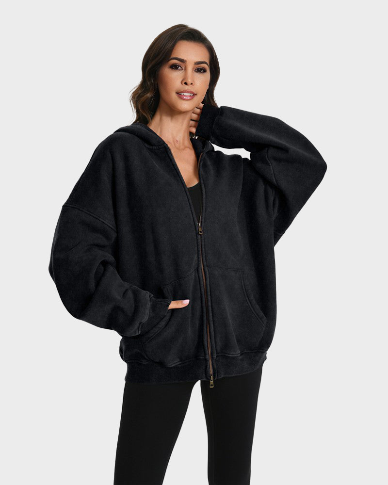 Comfortable Oversized Unisex Acid Wash Zip Hoodie with Distressed Brushed Fleece
