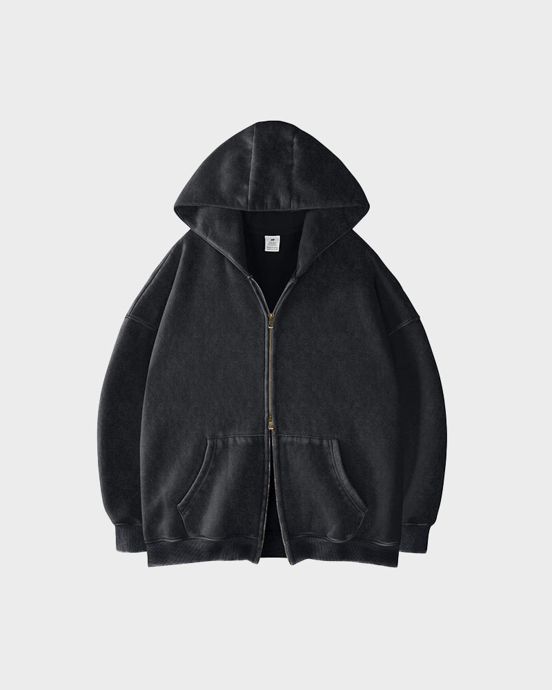 Comfortable Oversized Unisex Acid Wash Zip Hoodie with Distressed Brushed Fleece