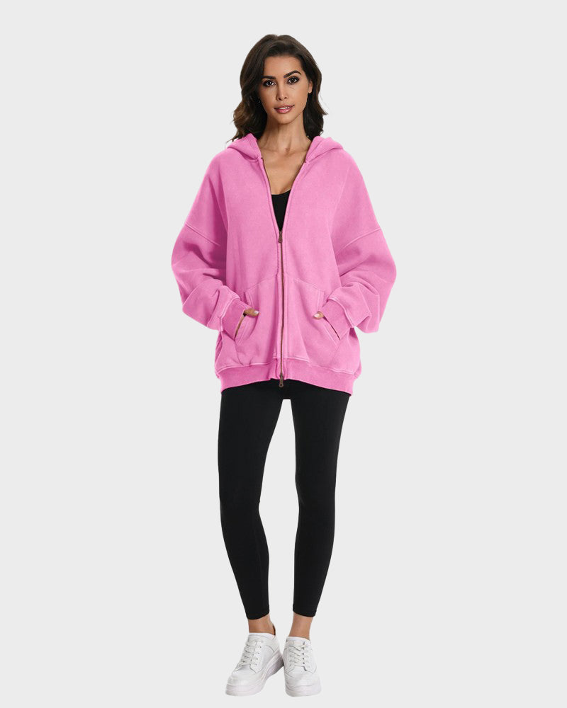 Comfortable Oversized Unisex Acid Wash Zip Hoodie with Distressed Brushed Fleece