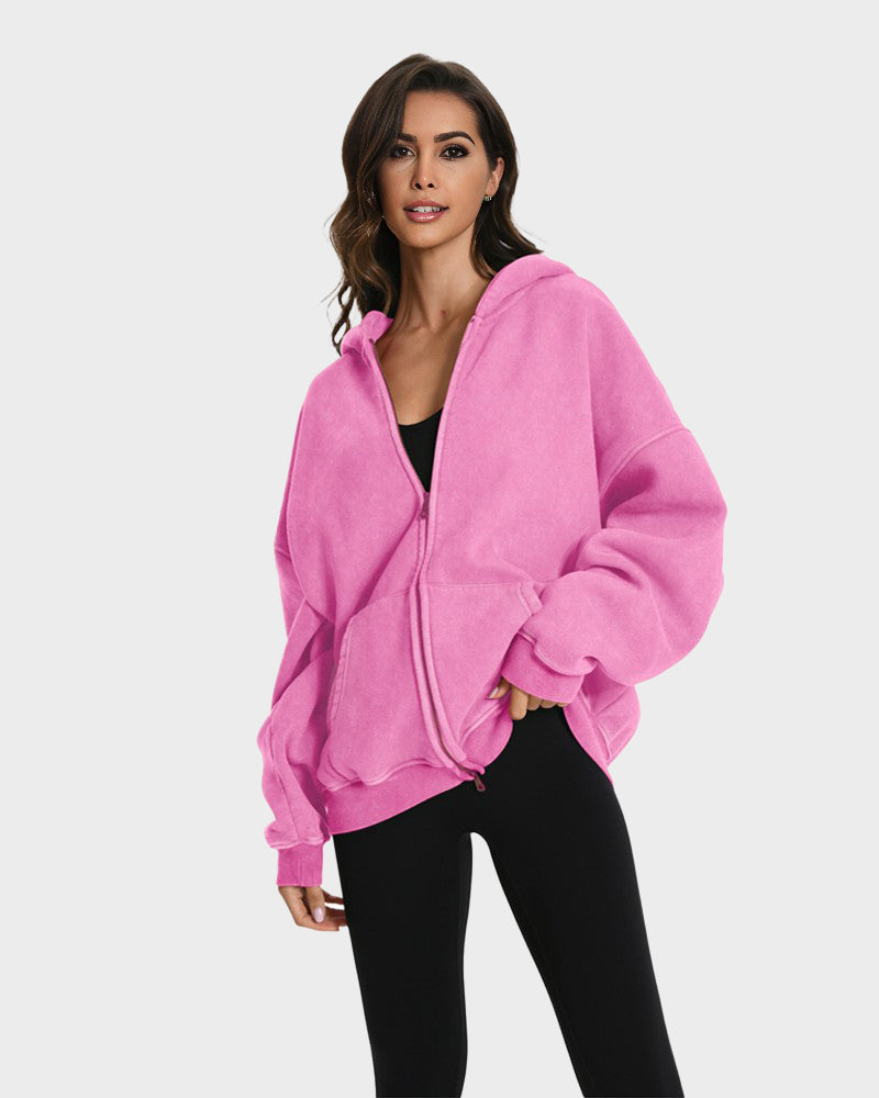 Comfortable Oversized Unisex Acid Wash Zip Hoodie with Distressed Brushed Fleece