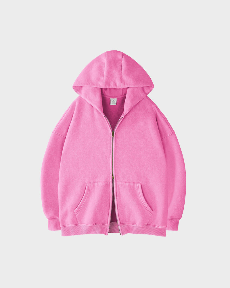 Comfortable Oversized Unisex Acid Wash Zip Hoodie with Distressed Brushed Fleece