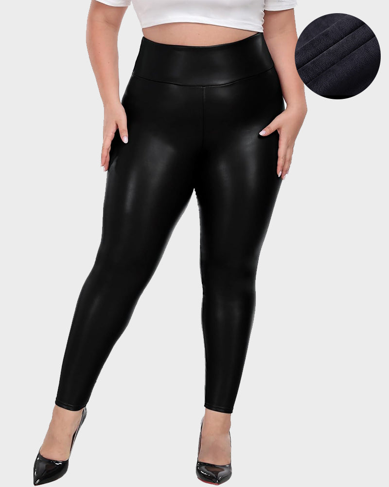 Chic Plus Size High-Waist Fleece-Lined Faux Leather Leggings - Warm & Stylish