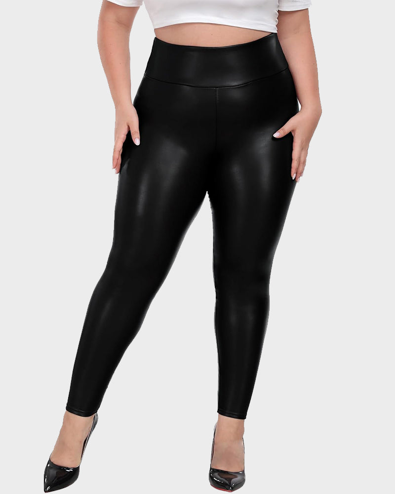 Chic Plus Size High-Waist Fleece-Lined Faux Leather Leggings - Warm & Stylish