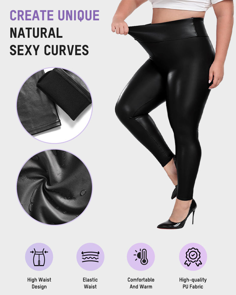 Chic Plus Size High-Waist Fleece-Lined Faux Leather Leggings - Warm & Stylish