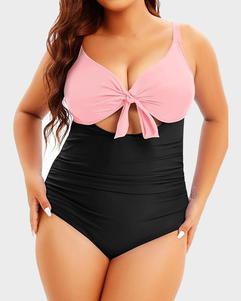 Plus Size Tummy Control One-Piece Swimsuit with Cutout and Tie Front
