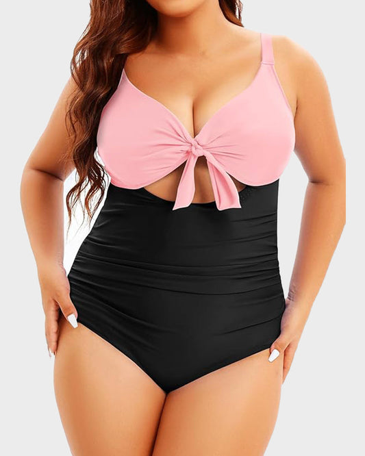 Plus Size Tummy Control One-Piece Swimsuit with Cutout and Tie Front